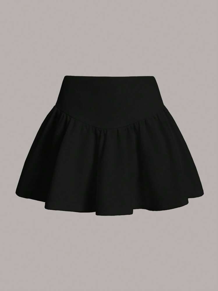 SHEIN MOD Solid Wide Waistband Ruffle Hem Black Mini Kirt | SHEIN