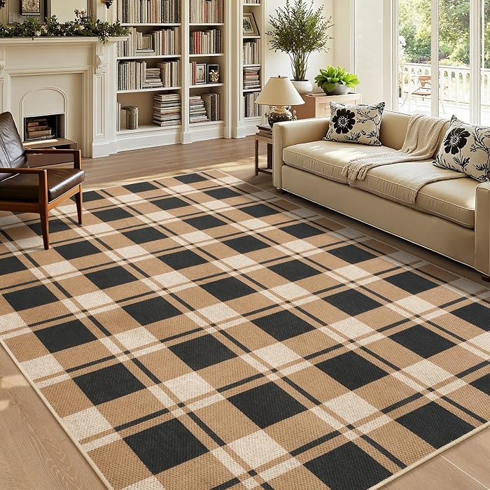 Checkered Jute 5x7 Area Rugs, Washable Outdoor Patio Rug for Living Room Entrance Indoor Outdoor ... | Amazon (US)