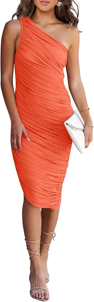 PRETTYGARDEN Women's Ruched Bodycon Dress 2023 Summer One Shoulder Sleeveless Party Cocktail Penc... | Amazon (US)