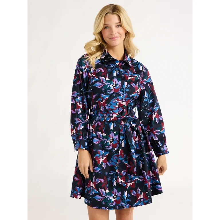 Free Assembly Women’s Belted Cotton Mini Dress with Long Sleeves, Sizes XS-XXL | Walmart (US)