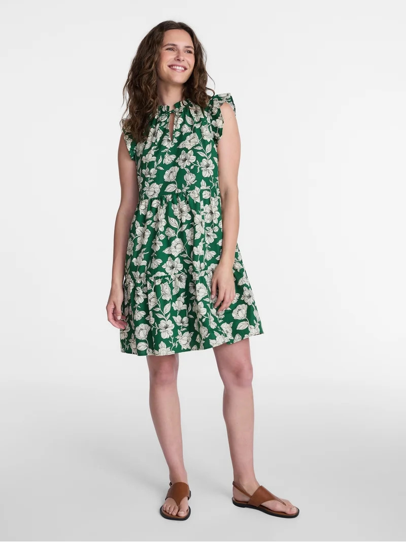 Time and Tru Women's and Women's Plus Tiered Cotton Mini Dress with Flutter Sleeves, Sizes XS-4X | Walmart (US)