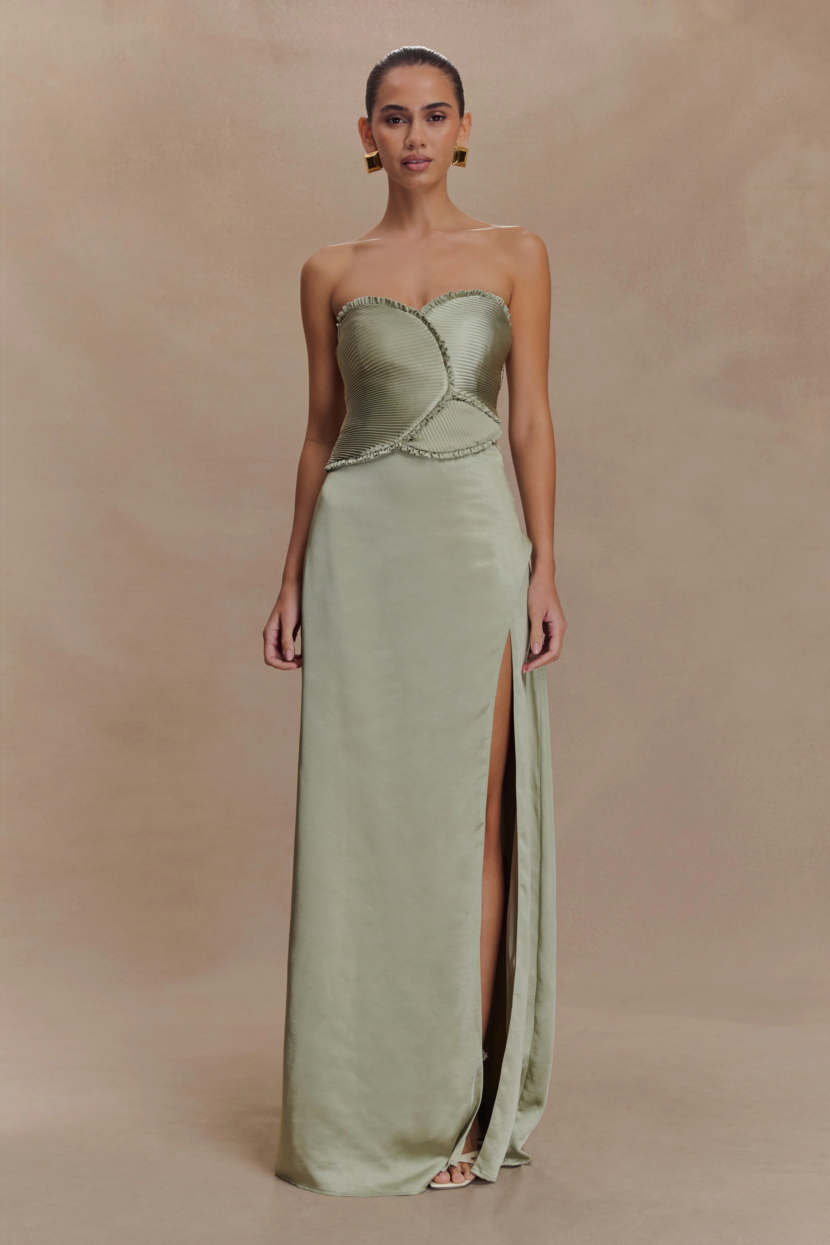 Larissa Satin Maxi Dress With Ruched Petals - Sage | MESHKI US