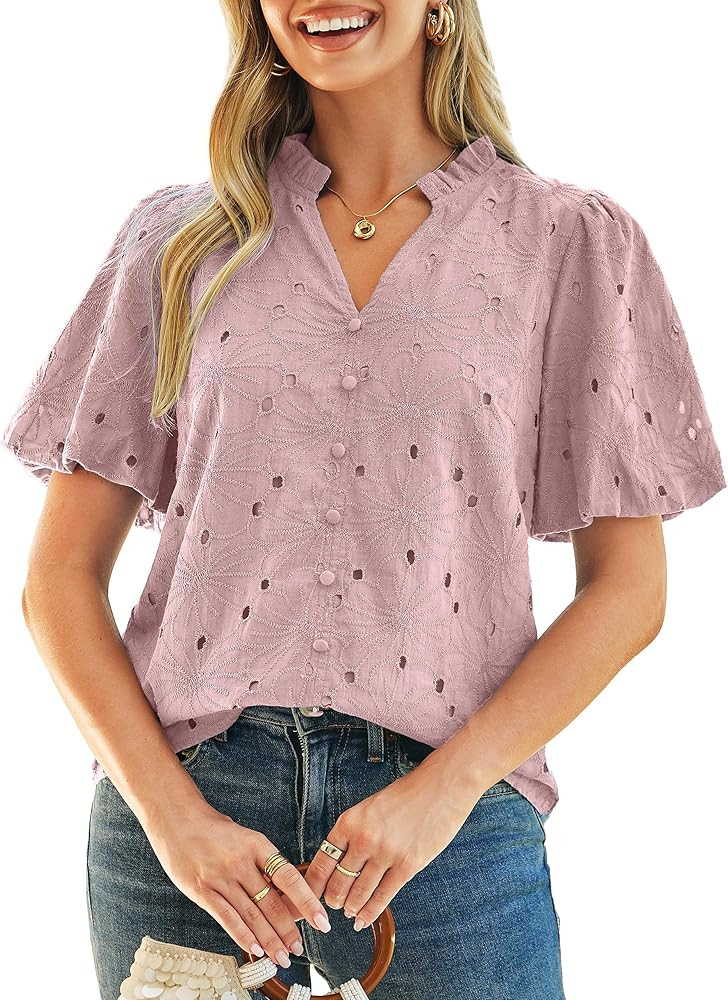 Simplee Womens Summer Tops Trendy Dressy Casual V Neck Puff Sleeve Eyelet Hollow Out Embroidered ... | Amazon (US)