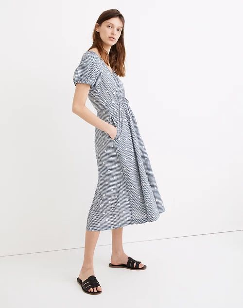 Embroidered Gingham Faux-Wrap Tie-Waist Midi Dress | Madewell