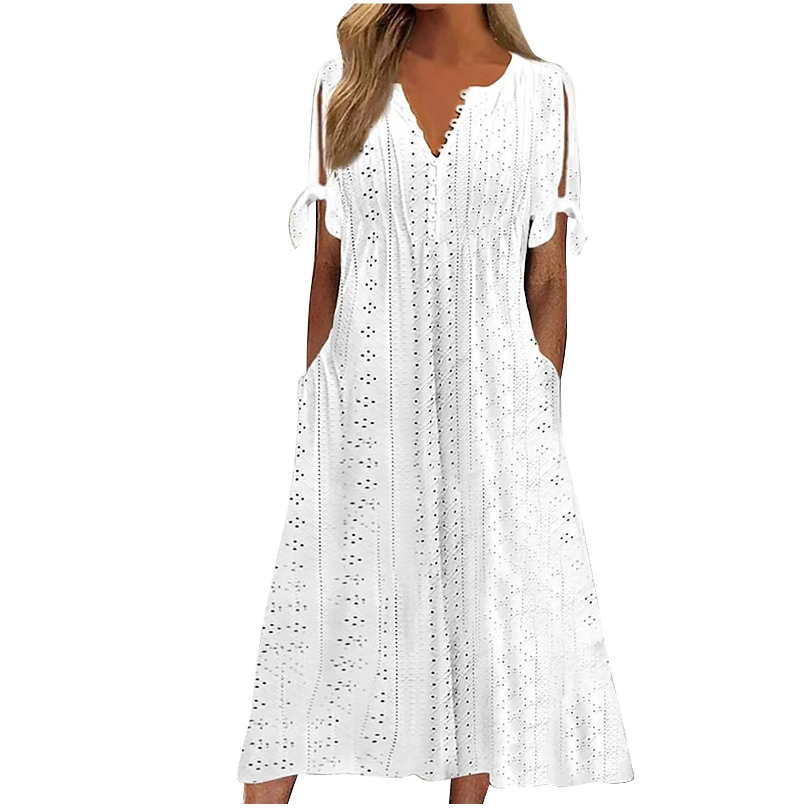 Ygbgbb Womens Dresses Fashion Solid Color Summer Dresses Button V-Neck Eyelet Casual Dress Loose ... | Walmart (US)