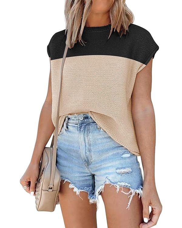 Womens Cap Sleeve Sweater Vest Summer Tops Sleeveless Tank Tops 2024 Trendy Spring Clothes Stripe... | Amazon (US)