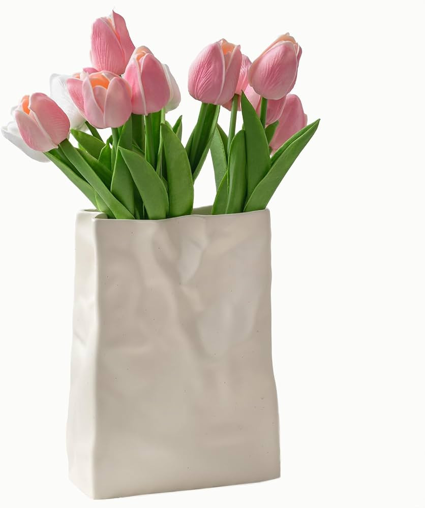 Relexome Paper Bag Vase Crinkle Wide Ceramic Flower Vase Cream White Boho Wabi-Sabi Vases, Cute H... | Amazon (US)