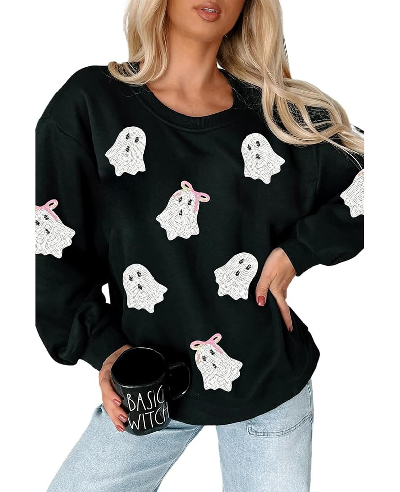 Halloween Sweatshirts For Women Sequin Pumpkin Tops Orange Long Sleeve Shirts Crew Neck Casual Pu... | Amazon (US)