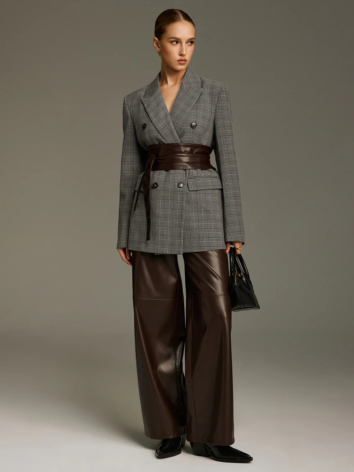 Plaid Double-Breasted Blazer with Waist Belt | Commense