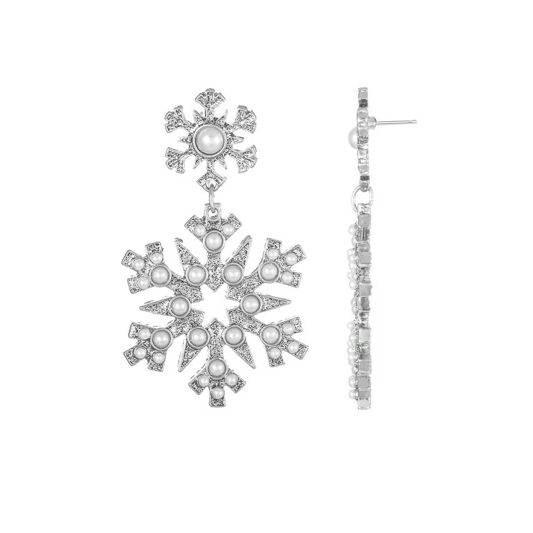 Holiday Time Silvertone Snowflake Earrings, Simulated Pearl, 1 Pair | Walmart (US)