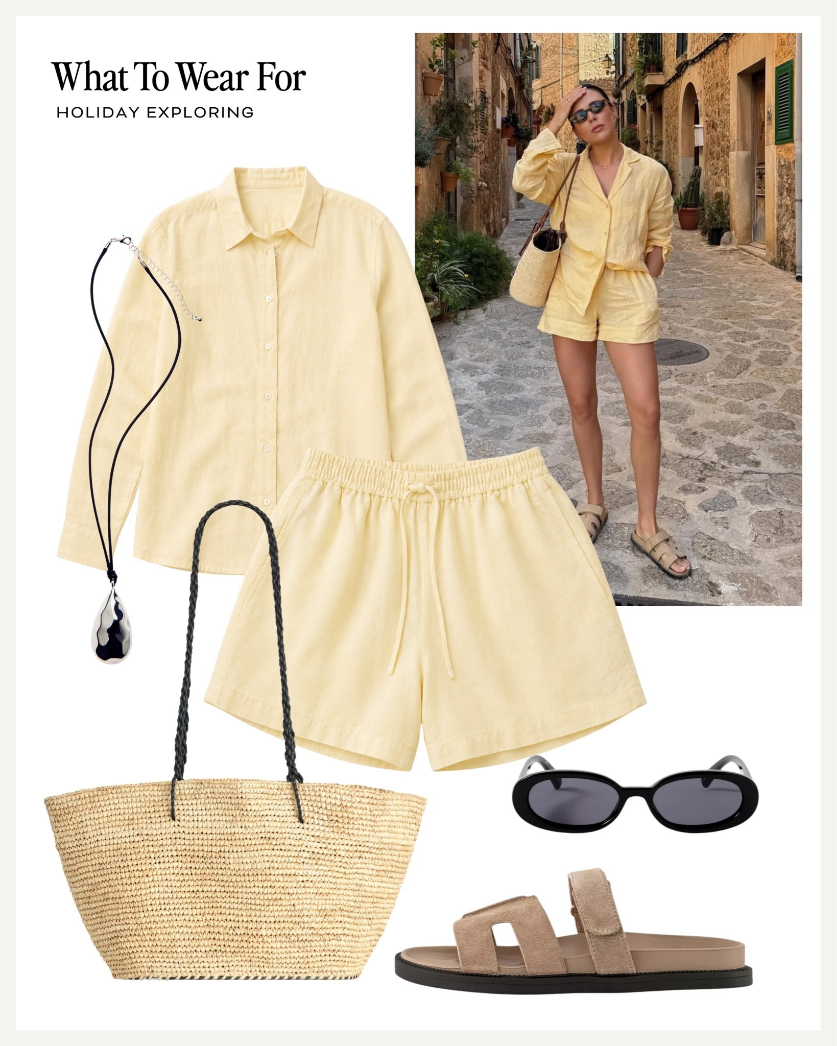 Holiday exploring ☀️ 

Yellow linen shorts & shirt, co-ord, summer style, straw bag

#LTKsummer