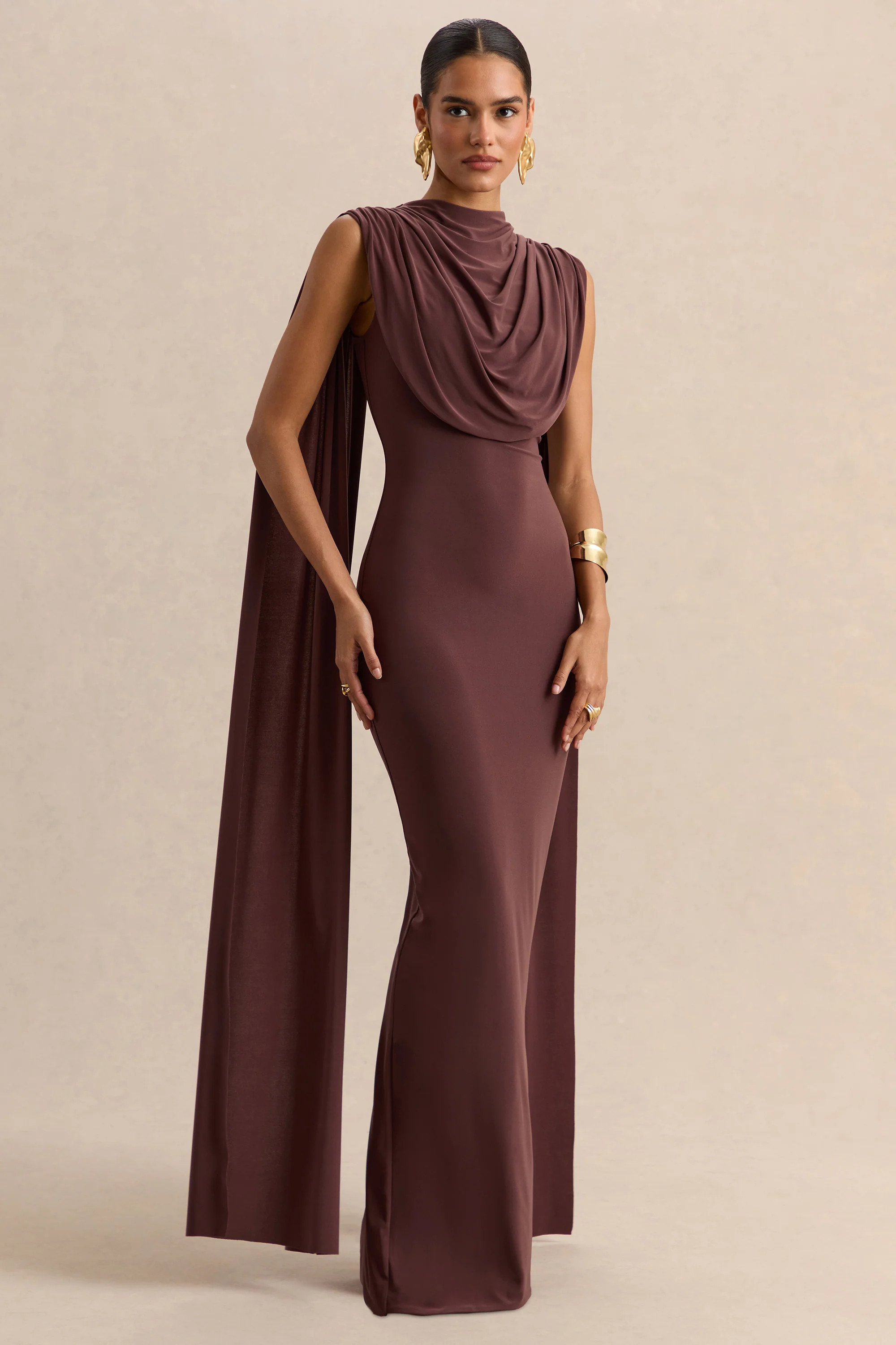 Patrina | Brown High-Neck Maxi Dress With Draped-Detailing And Cape-Sleeves | Club L London