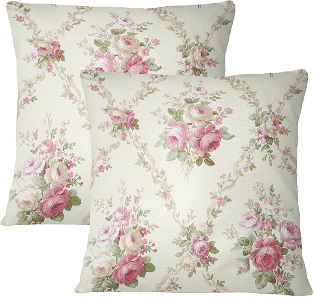 Vintage Floral Throw Pillow Covers Set of 2 Pink Rose Flowers Leaf Pillow Cases Shabby Chic Couch... | Amazon (US)