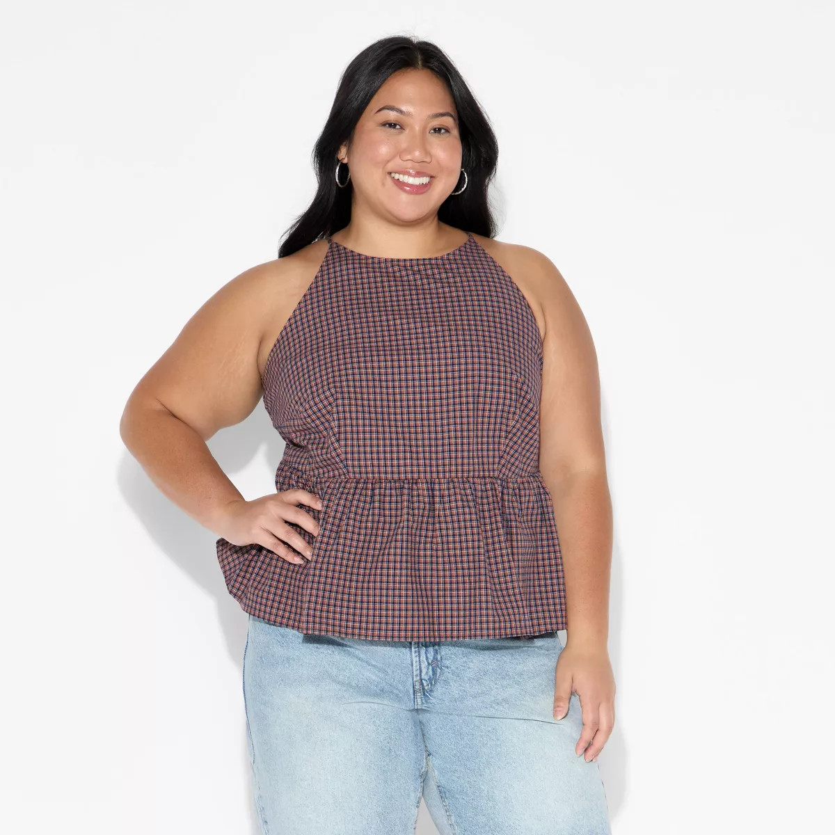 Women's High Neck Babydoll Halter Top - Wild Fable™ Brown Plaid XS | Target