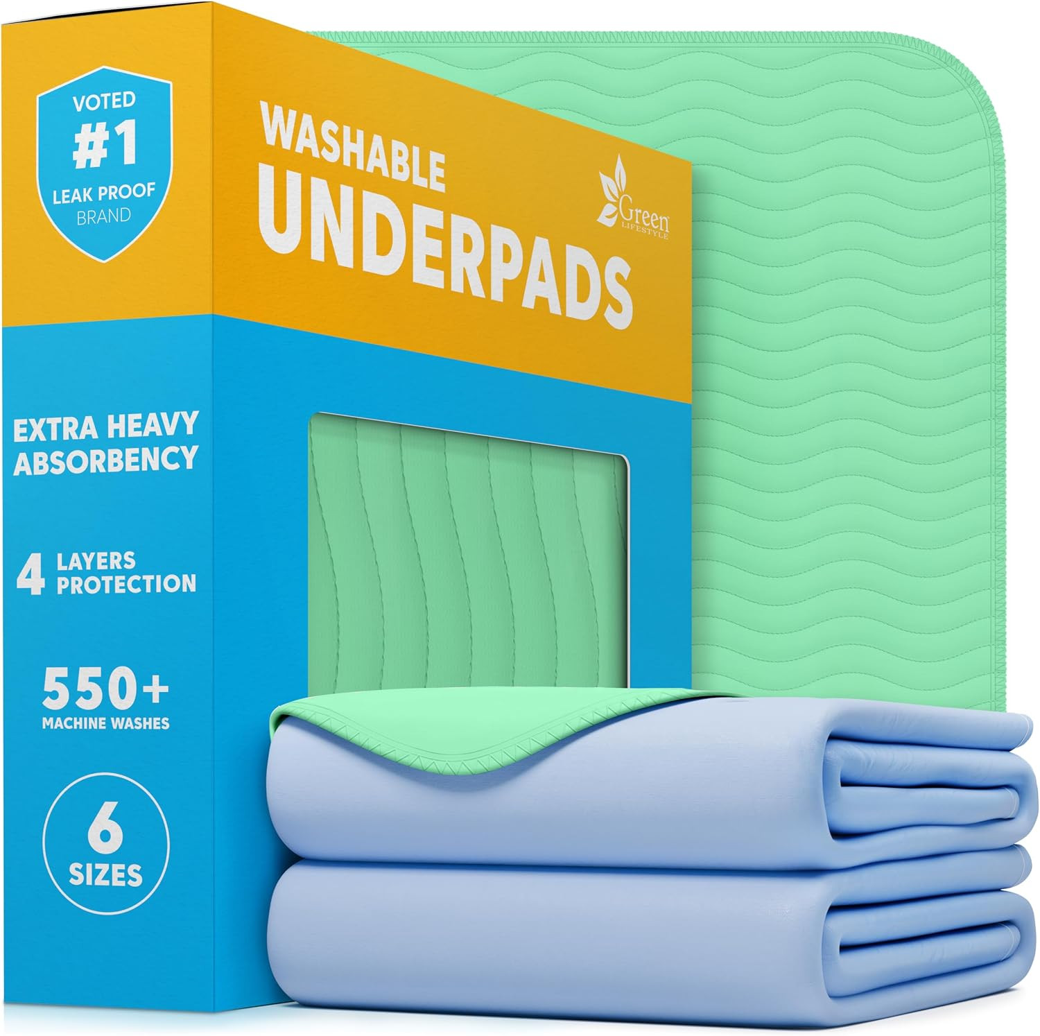GREEN LIFESTYLE® Washable Underpads - Heavy Absorbency Reusable Bedwetting Incontinence Pads for Kids, Adults, Elderly, and Pets - Toddler Mattress Pads for Bed, Sofa, Floor (Pack of 2 - 48x48) | Amazon (US)