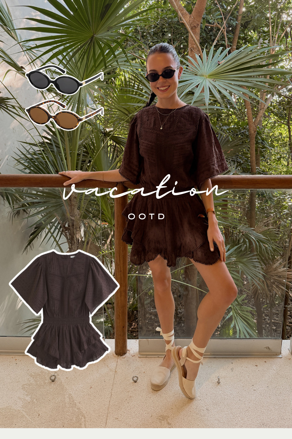 SPRING BREAK 2026 OUTFIT INSPO 🤎

This was my favorite and most complimented look of my recent trip! 

This chocolate brown mini dress (actually a romper!) is the elevated neutral you need for Spring Break 2026 and every beach vacation (or even dinner date night out) after. The silhouette is flowy, flattering, and so easy to throw on for dinner, resort nights, or vacation content days.

Styled with:
– Neutral espadrille wrap sandals
– Minimal gold jewelry
– Trendy oval sunglasses

This look is giving quiet luxury, coastal chic, and effortless Euro summer energy. All pieces linked from Amazon & Abercrombie for easy shopping ✨

Perfect for:
✔️ Spring break outfits 2026
✔️ Beach vacation outfit ideas
✔️ Resort dinner looks
✔️ Europe summer travel outfits
✔️ Elevated casual mini dress styling

Tap to shop everything before it sells out 🤎 

 #LTKootd #LTKSaleAlert #LTKTravel