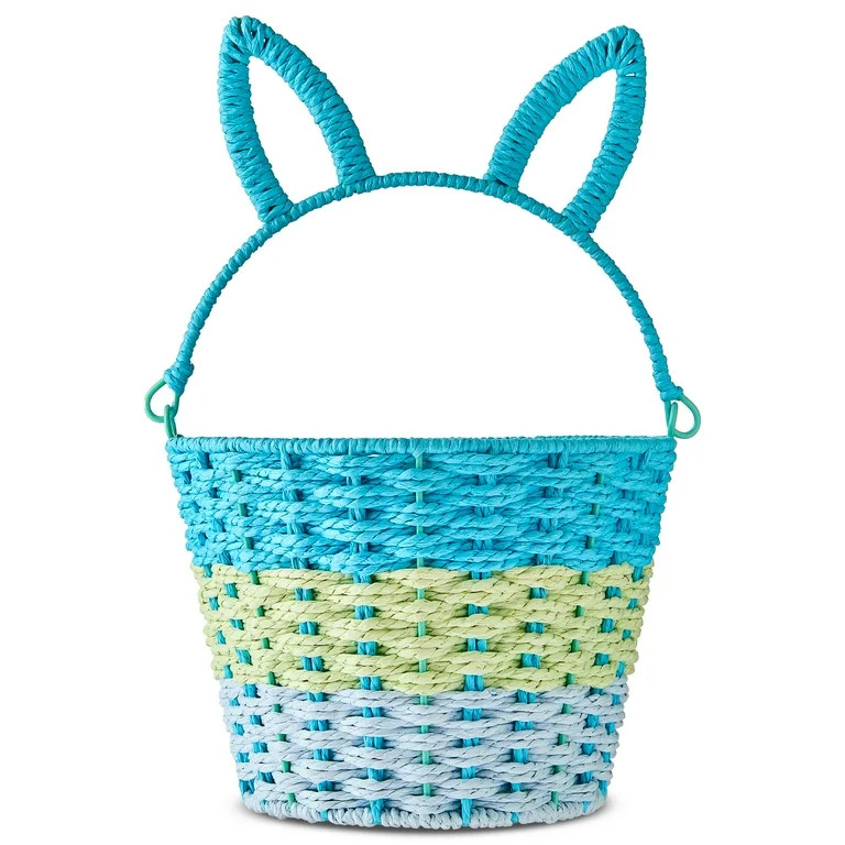Round Bunny Ear Handle Paper Basket, Blue and Green, 9" x 6.5", Easter by Way To Celebrate | Walmart (US)