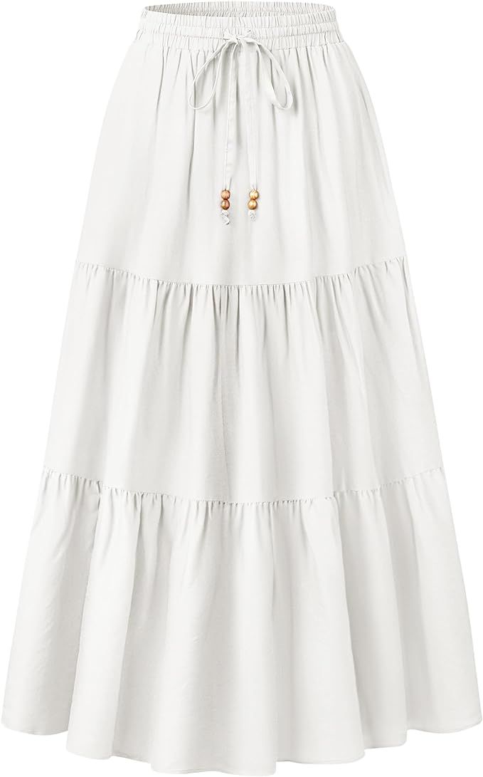 HAEOF Women's Summer Boho Elastic High Waist Maxi Skirt A-Line Flowy Swing Ruffle Tiered Long Bea... | Amazon (US)