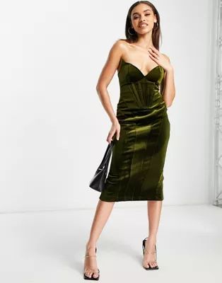 ASOS DESIGN bandeau corseted velvet midi dress in dark green | ASOS (Global)