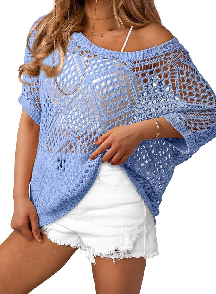 Dokotoo Women's Crochet Cover Up Tops Summer Short Sleeve Off Shoulder Sweater Shirts Beach Swims... | Amazon (US)