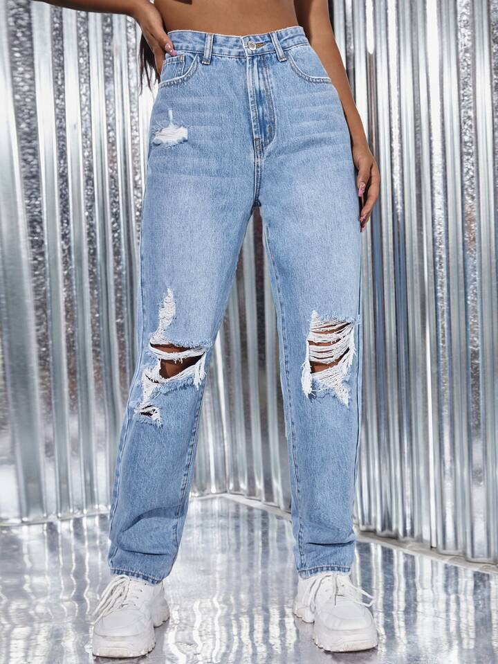 SHEIN ICON Light Wash Ripped Detail Straight Leg Jeans | SHEIN
