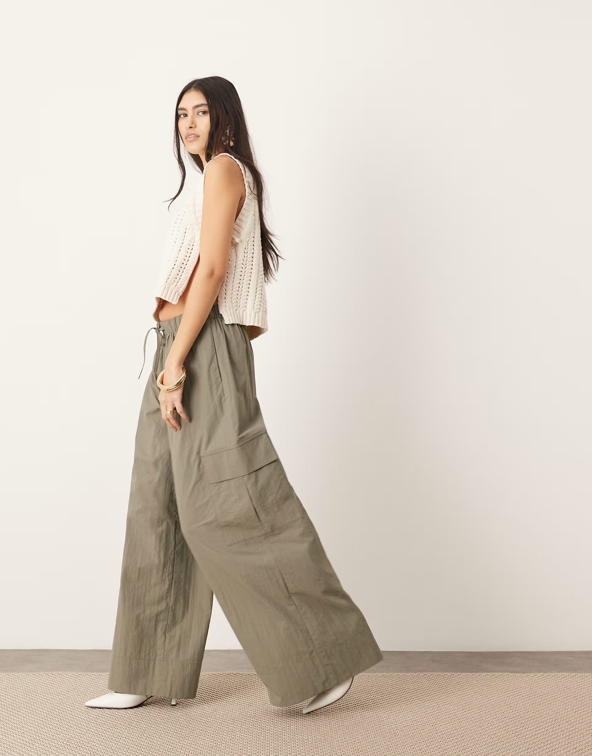 ASOS EDITION drawstring wide leg pants with cargo pocket in khaki | ASOS (Global)