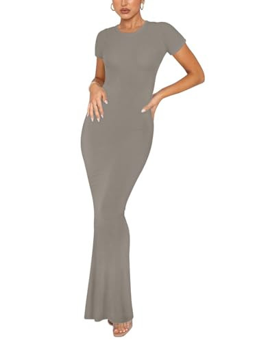 REORIA Women's Summer Sexy Casual Lounge Long Dress Elegant Wedding Guest Short Sleeve Crew Neck Bodycon Maxi Dresses Antique Pewter-Small | Amazon (US)
