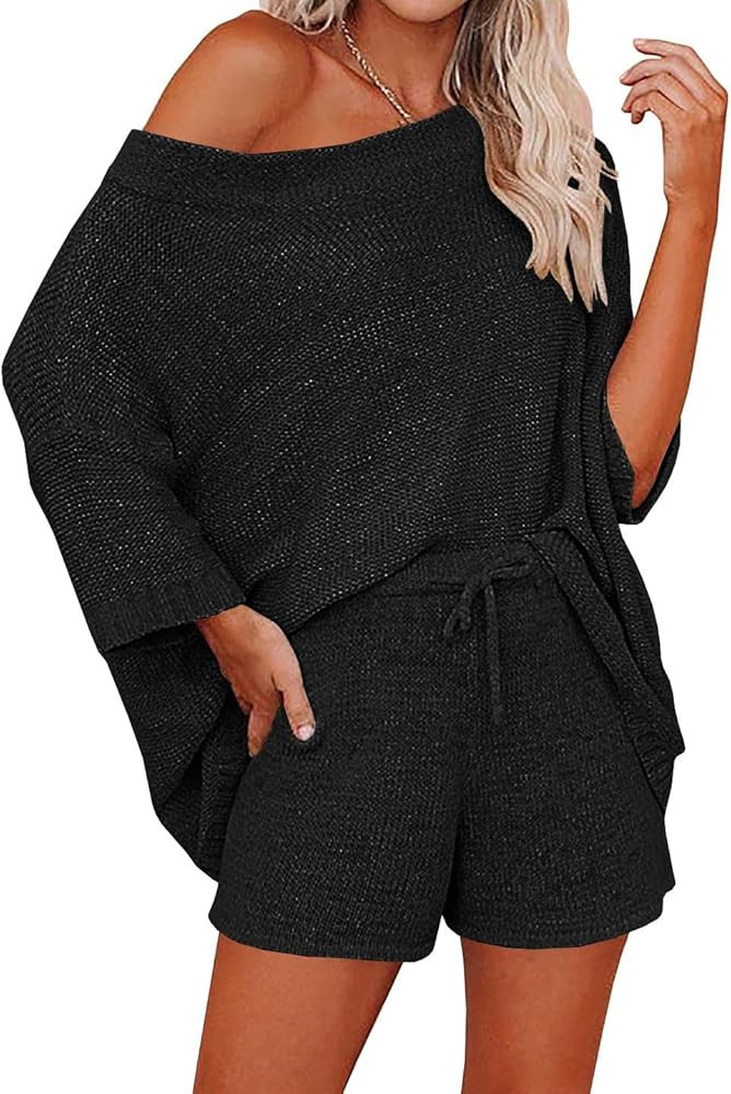Ermonn Womens 2 Piece Outfits Sweater Sets Off Shoulder Knit Tops Waist Short Suits Casual Pajama... | Amazon (US)