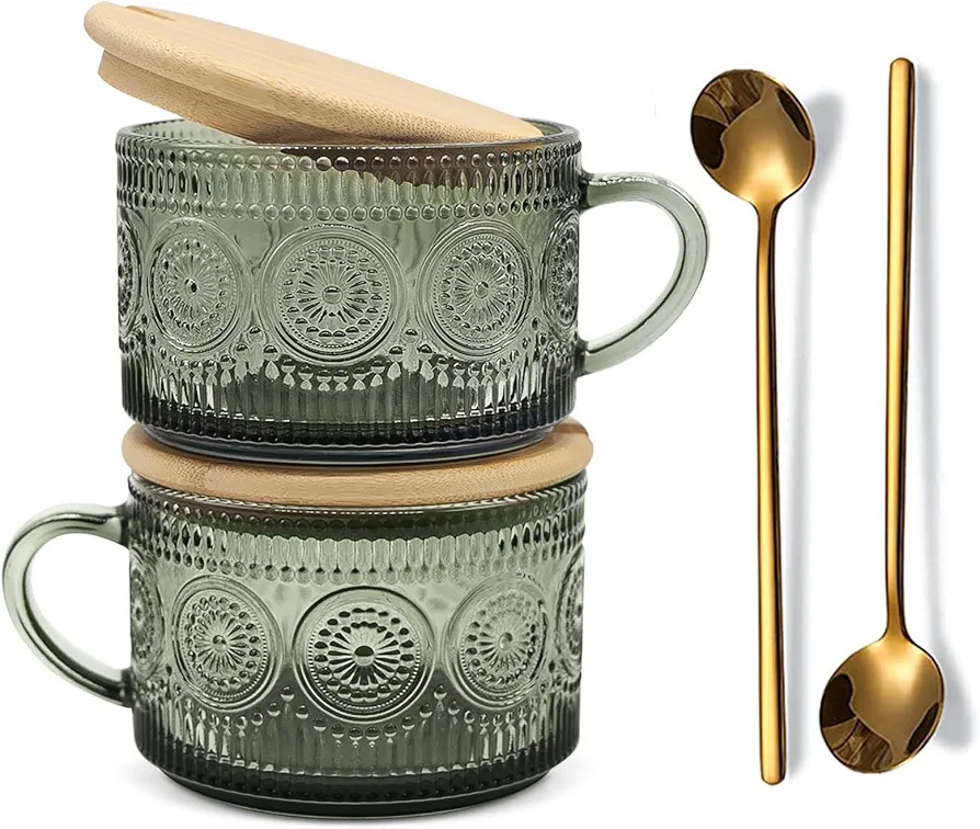 JVJRFQ Vintage Coffee Mugs Set of 2 Green, 14 Oz Overnight Oats Containers with Bamboo Lids and S... | Amazon (US)
