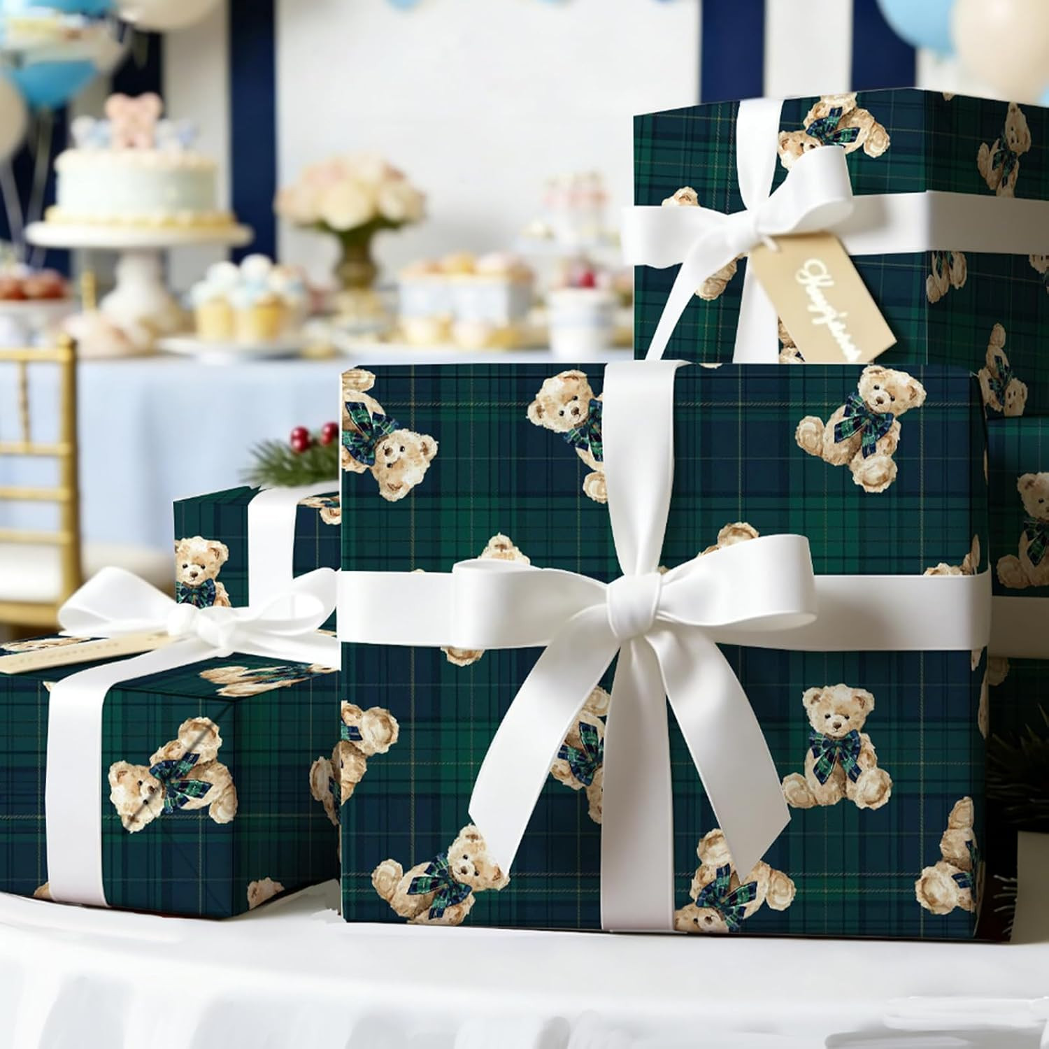 Whaline 8 Sheets Tartan Bear Wrapping Paper -Not Roll- Green Blue Plaids Bear Gift Wrap Paper Folded Flat for Baby Shower We Can Bearly Wait Birthday DIY Art Craft, 19.7 x 27.6 Inch | Amazon (US)