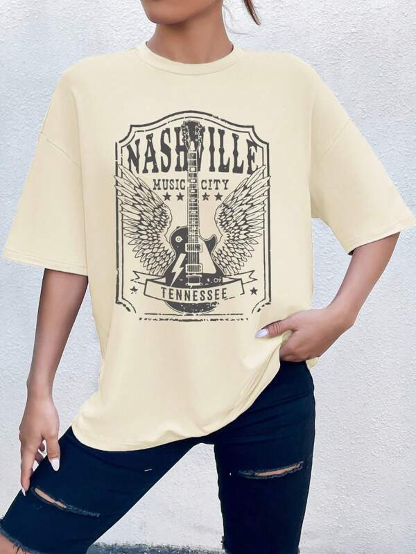 SHEIN EZwear Guitar & Letter Graphic Drop Shoulder Tee  SKU: sz2304107953133664(1000+ Reviews)$6.... | SHEIN