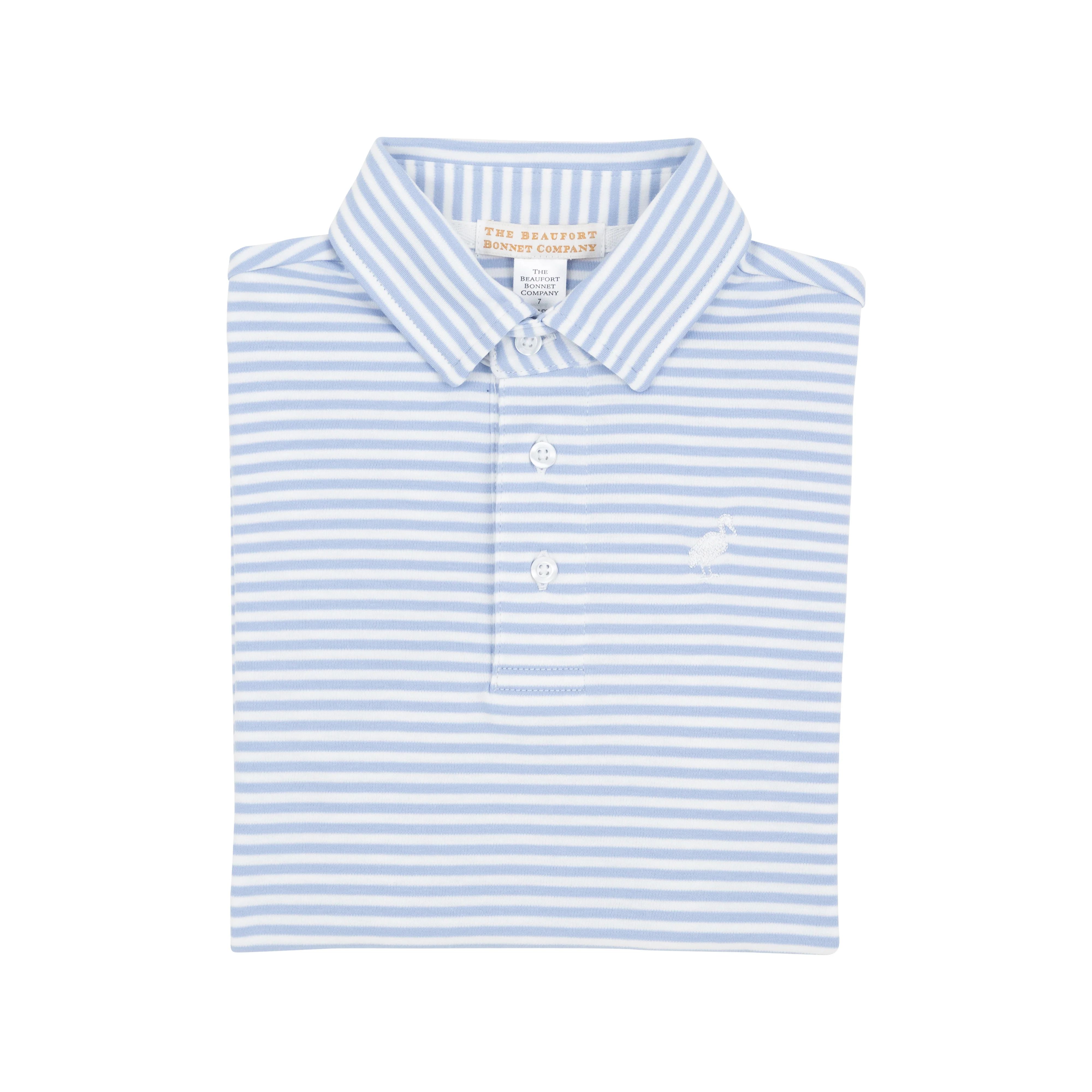 Prim & Proper Polo & Onesie - Beale Street Blue Stripe with Worth Avenue White Stork | The Beaufort Bonnet Company