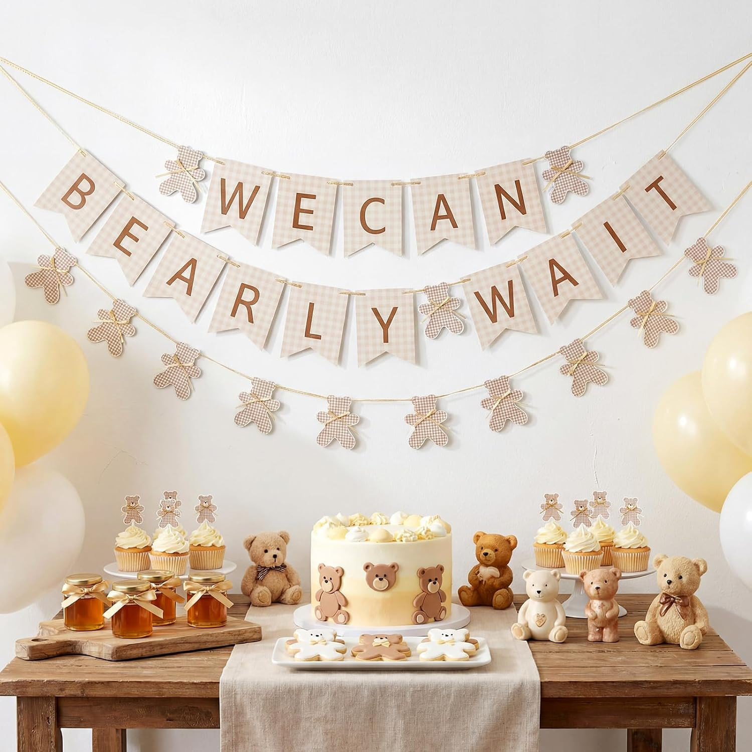Moukeren 2 Pcs We Can Bearly Wait Banner Beige Brown Bow Bear Baby Shower | Amazon (US)