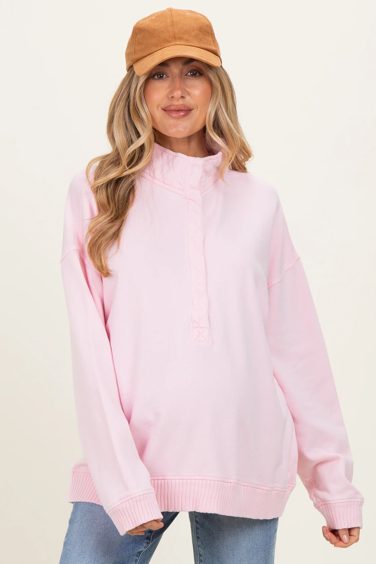 Light Pink Snap Collar Oversized Maternity Sweatshirt | PinkBlush Maternity