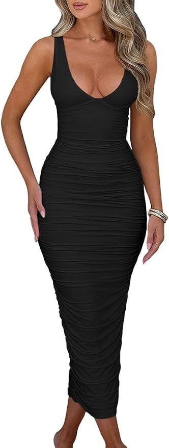 BEAGIMEG Women's Sexy Ruched Sleeveless Deep V Elegant Cocktail Evening Party Maxi Dress | Amazon (US)