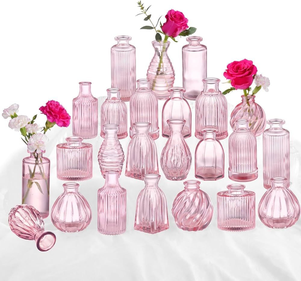 Pink Glass Bud Vases in Bulk 24, Pink Vase Small Glass Vases for Flowers Modern Ribbed Glass Bud ... | Amazon (US)