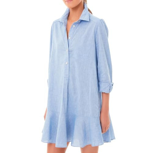 Generic Women‘s Tunic Shirt Mini Dress Long Sleeve Cotton Short Dress Button Up Ruffle Hem Shift Dresses Light Blue, Small | Amazon (US)