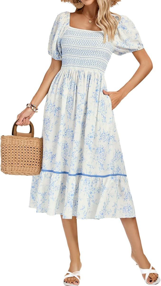 Kate Kasin Women's Summer Floral Boho Dresses Casual Square Neck Smocked Flowy Tiered Beach Midi ... | Amazon (US)