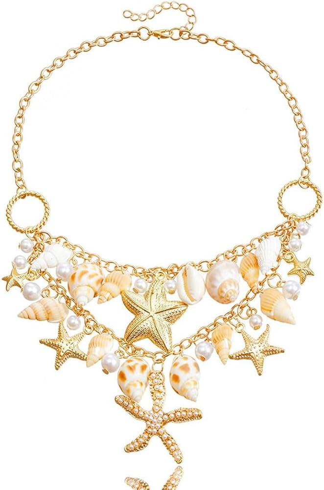 Tgirls Boho Starfish Necklace Shell Layered Pendant Necklaces Gold Chain Necklace for Women | Amazon (US)