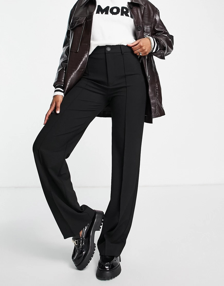 Pull&Bear high rise tailored straight leg pants with front seam in black | ASOS (Global)