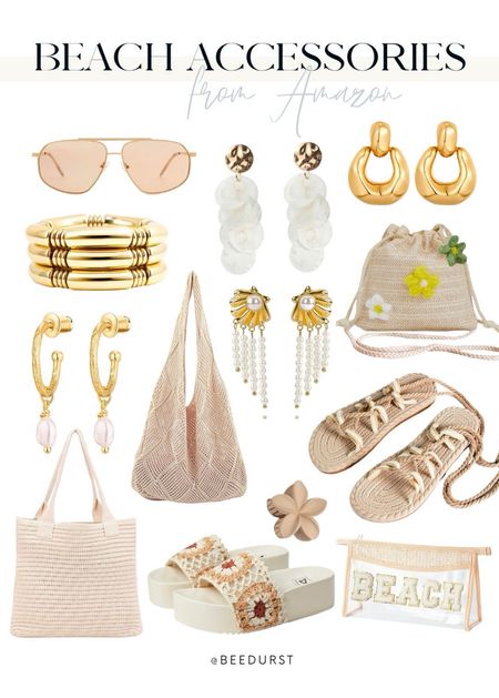 Beach accessories from Amazon, summer accessories, Amazon fashion, sandals, beach bag, summer bag, summer outfit, summer style, summer looks, sunglasses, beach sandals, vacation outfit, gold earrings

#LTKStyleTip #LTKSeasonal #LTKFindsUnder50