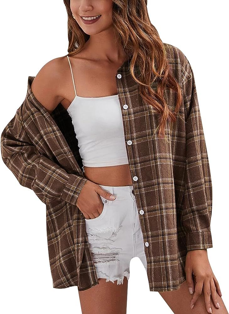 HangNiFang Womens Flannel Plaid Shirts Oversized Button Down Shirts Blouse Tops | Amazon (US)