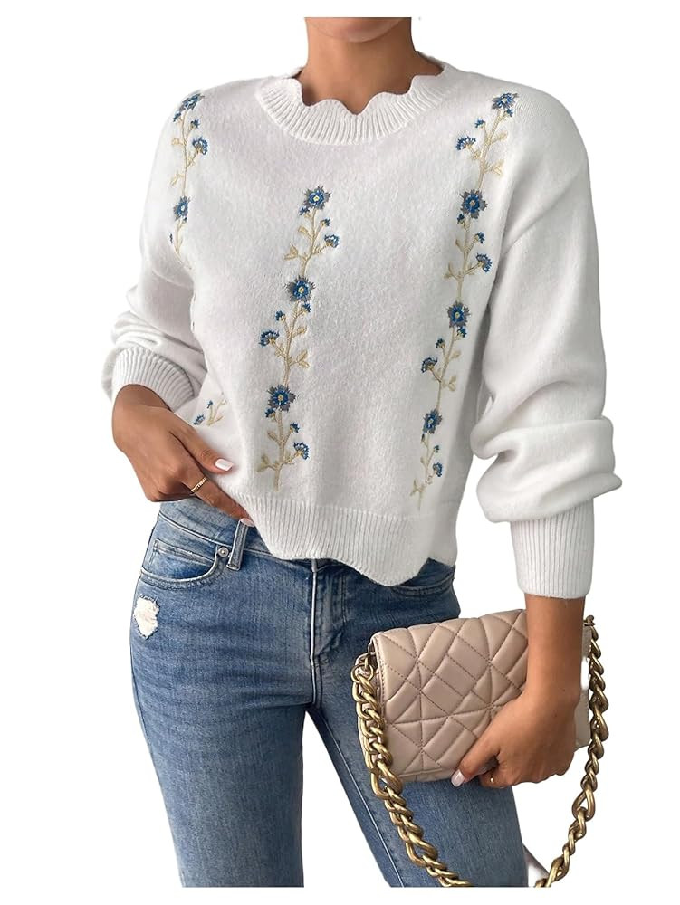 GORGLITTER Women's Crochet Sweaters Lightweight Floral Long Sleeve Embroidered Knit Flower Cute S... | Amazon (US)