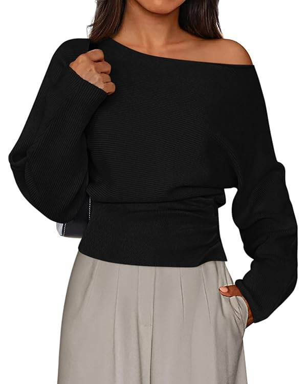 PRETTYGARDEN Women Off The Shoulder Sweater 2025 Fall Trendy Long Batwing Sleeve Knit Pullover Go... | Amazon (US)