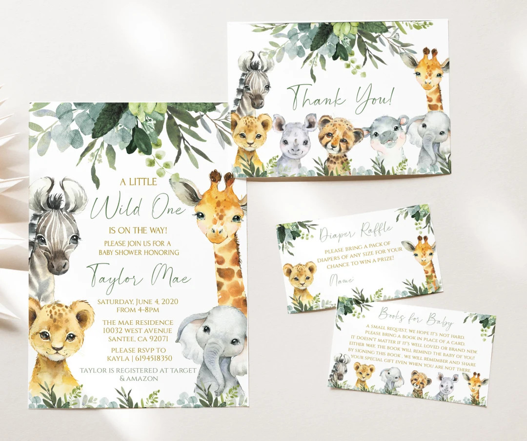 Safari Animal Baby Shower Invitation Greenery . Wild one invite, Jungle baby shower Invitation. Z... | Etsy (US)