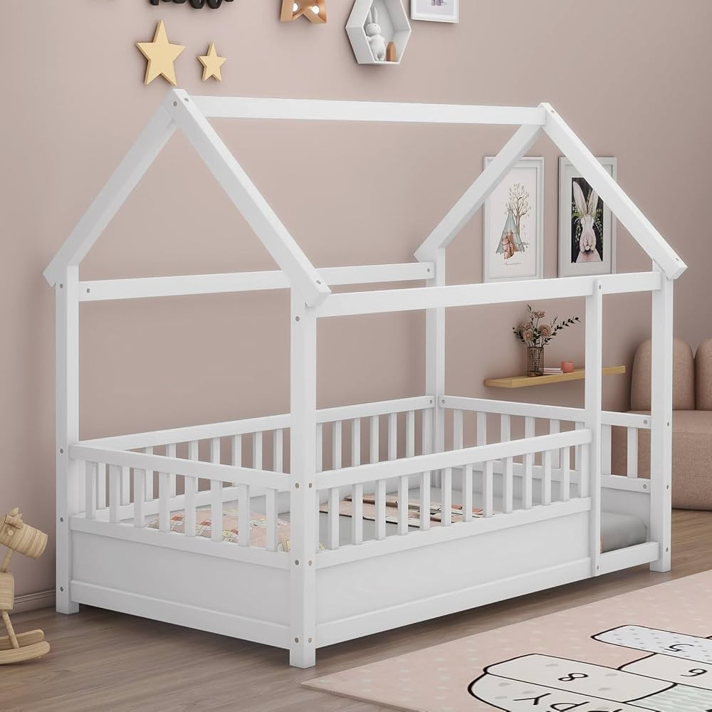 Twin Size Floor Montessori Bed for Kids, Wooden Twin House Floor Bed Frame with Rails Fence, Kids... | Amazon (US)