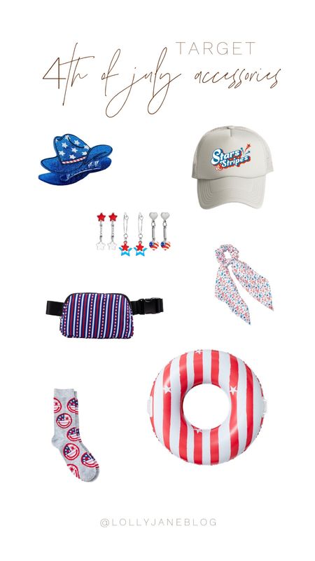 Target 4th of July accessories! 🇺🇸🫶🏻

Getting all decked out for the 4th with these patriotic goodies! From my red & white striped pool floaty to star earrings, a USA-themed fanny pack, patriotic claw clips, and quirky smiley socks — I'm ready to party in style! 🇺🇸❤️ #IndependenceDay #July4th #RedWhiteBlue

#LTKStyleTip #LTKSummerSales #LTKSwim