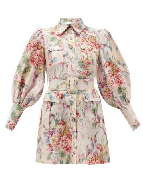 Zimmermann - Wavelength Belted Floral-print Linen Mini Dress - Womens - Pink Print | Matches (US)