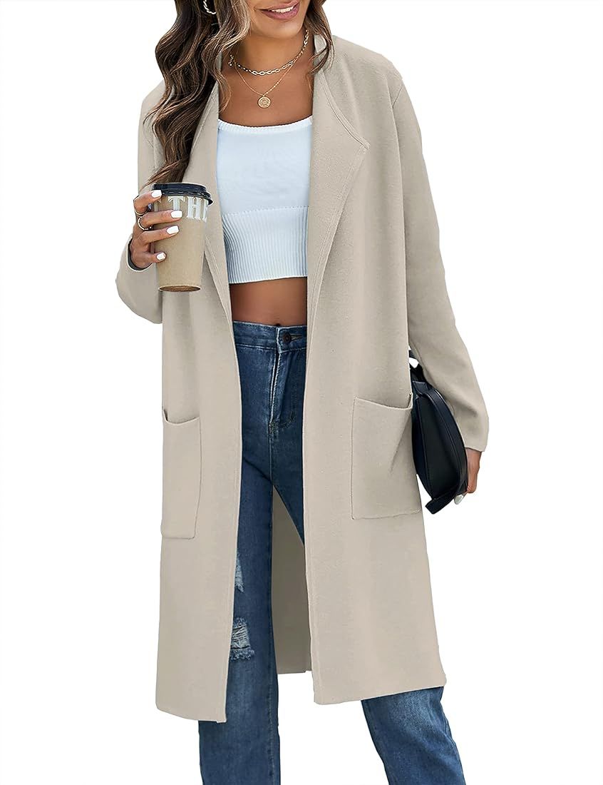 MEROKEETY Women's Long Sleeve Lapel Open Front Cardigan Coat Casual Knit Sweater with Pockets | Amazon (US)