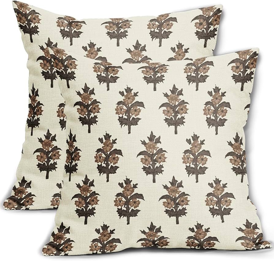Dark Light Brown Floral Pillow Covers 18x18 Set of 2 Spring Summer Flower Leaves Print Decorative... | Amazon (US)